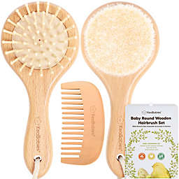 KeaBabies Baby Hair Brush, Natural Wooden Cradle Cap Brush with Soft Goat Bristle, Perfect Baby Hair Brush Set (Round, Walnut)