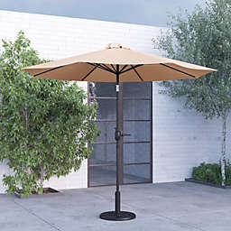 Merrick Lane Bali Patio Umbrella with Base - 9' Tan Polyester Patio Umbrella - 30+ UV Protection - Waterproof Black Cement Base with 1.5