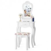 Costway Makeup Dressing Table and Bench 3 Drawers and Cushioned Stool for Girls-White