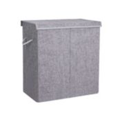 SONGMICS Fabric Double Laundry Hamper Separate Compartments Sorter 2 Sections Collapsible Clothes Storage Basket with Handles Detachable Lid and Liner Gray