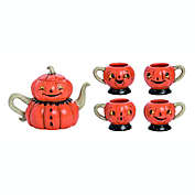 Transpac Johanna Parker Design Dolomite Ceramic Jack O&#39; Lantern Pumpkin Teapot and 4 Piece Tea Cup Set