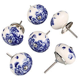 Unique Bargains Set of 6 Vintage Shabby Knobs, White and Blue Floral Hand Painted Ceramic Pumpkin Cupboard Wardrobe Cabinet Drawer Door Handles Pulls Knob, Peony