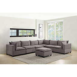 Contemporary Home Living Set of 7 Stone Gray Home Furniture Madison Fabric Modular Sectional Sofa with Ottoman, 13'