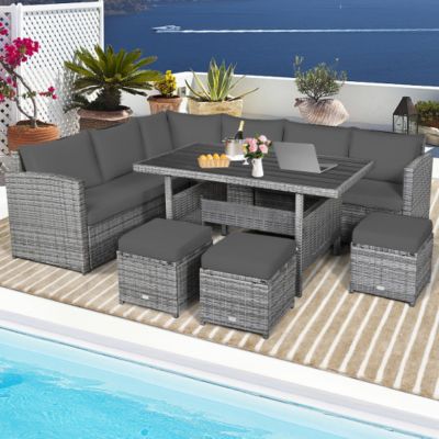 Costway 7 Pieces Patio Rattan Dining Furniture Sectional Sofa Set with Wicker Ottoman-Gray