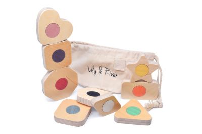 Lily and River&reg; Little Stackables - Montessori Stacking Game - Premium Birch Wood - Italian Veneer - Interactive Learning Game and Canvas Bag - Learn Shapes and Colors