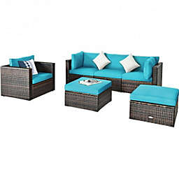 Costway 6 Pcs Patio Rattan Furniture Set with Sectional Cushion-Turquoise