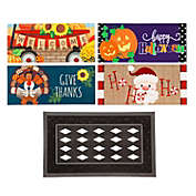 Evergreen Indoor Outdoor Doormat Bundle Set of 5 - Frame and 4 Welcome Seasonal Inserts Santa Ho Ho Ho Halloween Thanksgiving