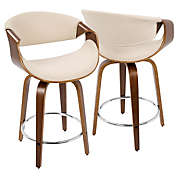 Contemporary Home Living Set of 2 Walnut Wood and Cream Fabric Swivel Indoor Comfortable Counter Stools 34.75"