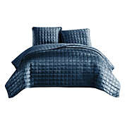 Saltoro Sherpi 3 Piece King Coverlet Set with Stitched Square Pattern, Blue-