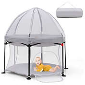 Slickblue 53 Inch Outdoor Baby Playpen with Canopy and Carrying Bag Portable Play Yard Toddlers-Gray