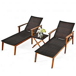 Costway 3 Pcs Patio Wooden Frame Rattan Lounge Chaise Chair Set with Folding Table