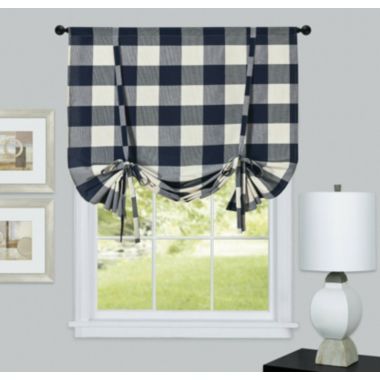 Kate Aurora Country Farmhouse Buffalo Plaid Gingham Tie Up Window Curtain Shades - 42 in. W x 63 in. L, Navy Blue. View a larger version of this product image.
