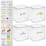 mDesign Stackable Plastic Kids Supplies Organizer Box, 4 Pack + 32 Labels