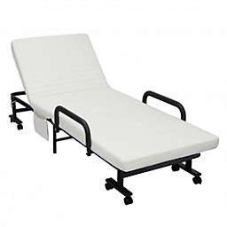 Costway-CA Folding Adjustable Guest Single Bed Lounge Portable with Wheels-White