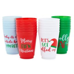 Blue Panda 16 oz Christmas Party Cups, Reusable Plastic Tumblers, 4 Holiday Designs (24 Pack)