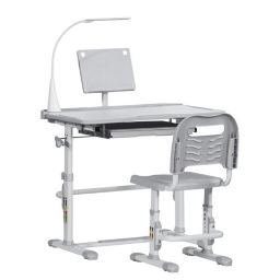 Halifax North America Kids Desk and Chair Set Height Adjustable Children Study Table with Tilt Desktop, LED Lamp, Drawer, Reading Board, Cup Holder, Pen Slots, Grey