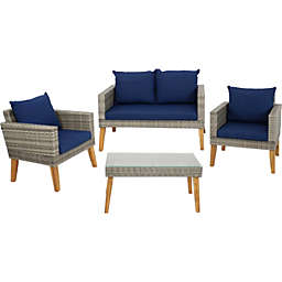 Sunnydaze Outdoor Rattan and Acacia Wood Clifdon Patio Furniture Set with Loveseat, Chairs, Table, and Seat Cushions - Navy Blue - 4pc
