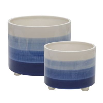 Kingston Living Set of 2 Blue and White Footed Ceramic Outdoor Planters 12"