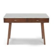 The Bianco Collection Viola 44" Rectangular Italian Carrara White Marble Writing Desk with Walnut Legs