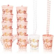 Sparkle and Bash Set of 12 Beaded Bachelorette Shot Glass Necklaces for Bridal Shower, White Bride Cup and Pink Bridesmaids Glasses, Getting Married Drink Cup (Gold Foil Design)