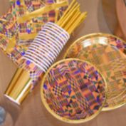 We Celebrate Black   80 Piece, Metallic, African Kente Print Party Set   Kente print dinner plates, dessert plates, napkins, cups, and straws, Black Excellence