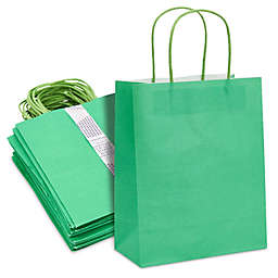 Sparkle and Bash 100 Pack Medium Green Gift Bags with Handles, Bulk Set for Birthday Party Favors (8x10x4 In)