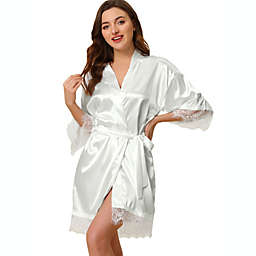 Allegra K Women's Robe Satin Lounge Sleepwear Silky Kimono Pajama Lace Tie waist Adjustable Self-Tie Outer Belt 3/4 Sleeves Bathrobe Medium White