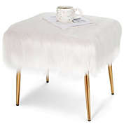 Slickblue Faux Fur Vanity Stool Square Furry Ottoman with Golden Metal Legs