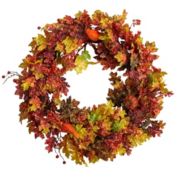 Nearly Natural 32"D Thanksgiving Party Decorative Autumn Oak Leaf, Berries and Pumpkin Artificial Autumn Wreath