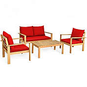 Costway 4 Pieces Patio Acacia Wood Thick Cushion Loveseat Sofa Set-Red