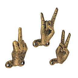 Zeckos Set of 3 Cast Iron Hand Gesture Decorative Wall Hooks