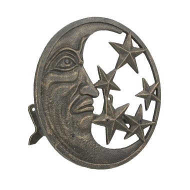Zeckos Cast Iron Crescent Moon and Stars Decorative Wall Mounted Hanging Garden Hose Hanger Holder Bronze Finish Outdoor Décor. View a larger version of this product image.