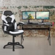 Flash Furniture Optis Black Gaming Desk and White/Black Racing Chair Set with Cup Holder, Headphone Hook & 2 Wire Management Holes