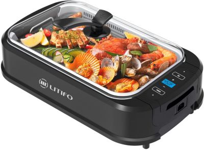 Litifo Smokeless Grill, Portable Electric Grill with Non-Stick Coating, Removable Dishwasher-Safe Plate, Tempered Glass Lid, Up to 460&deg;