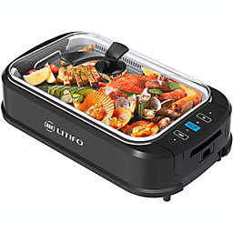Litifo Smokeless Grill and Griddle, 2 Cooking Plates Included, Portable, Electric, Non-Stick Coating, Removable Dishwasher-Safe Plates and Drip Tray, Tempered Glass Lid, Up to 460°, Black