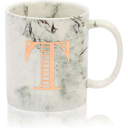 Juvale Rose Gold Letter T Monogram Mug, White Marble Ceramic Coffee Cup (11 oz)
