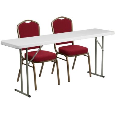 Emma + Oliver 6-Foot Plastic Folding Training Table Set with 2 Crown Back Stack Chairs. View a larger version of this product image.