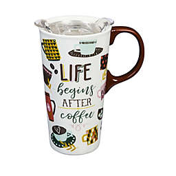 Evergreen Ceramic Travel Cup, 17 OZ.,w/box and Tritan Lid, Life Begins After Coffee