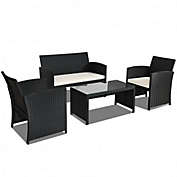 Costway-CA 4 Pcs Wicker Conversation Furniture Set Patio Sofa and Table Set-White