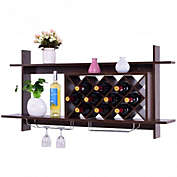 Costway Wall Mount Wine Rack with Glass Holder & Storage Shelf-Walnut