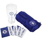 Chelsea FC Official Wordmark Football Bar Set (Pint Glass, Towel & Beer Mats)