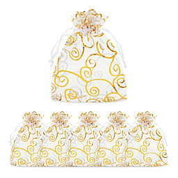 Juvale Organza Gift Bags, Drawstring Pouch, Gold Swirl Design for Wedding (120 Pack)