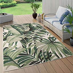 Paco Home In- & Outdoor Rug Tropical Palm Leaf Design for Patio in Green Beige