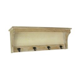 Audreys Wooden Wall Shelf With Rattan Mesh Cane Webbing and Four Metal Hooks