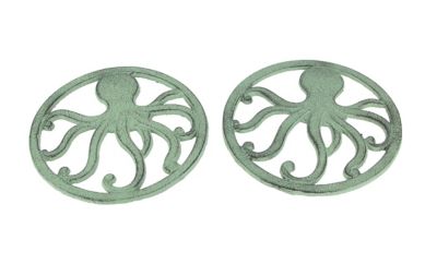 Chesapeake Bay  Distressed Coastal Cast Iron Octopus Sea Foam Green Trivet Set of 2