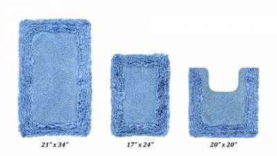 Better Trends Shaggy Border Bath Rug, 100% Cotton, 3 Piece Set (17" x 24"   20" x 20"   21" x 34"), Blue