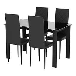 Tansole 5-Piece Rectangle Glass Top Black Metal Frame Rhombic Leather Dinning Chair and Table Set