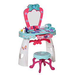 Qaba 25 Pcs Kids Vanity Dressing Table Make Up Desk w/ Stool Beauty Kit Glamour Princess Magic Mirror Lights Music Pretend Toy Children for 3 Years Old Lake Blue & White