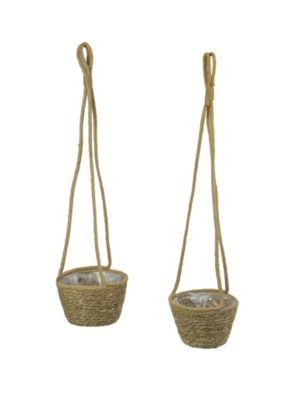 PD Home & Garden Set of 2 Woven Natural Jute Rope Hanging Planters With Clear Plastic Liners