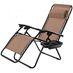 Costway Outdoor Folding Zero Gravity Reclining Lounge Chair with Utility Tray-Brown